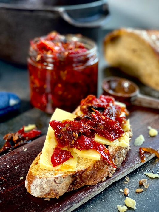 Ironclad roasted tomato and red pepper chilli jam on bread with cheese