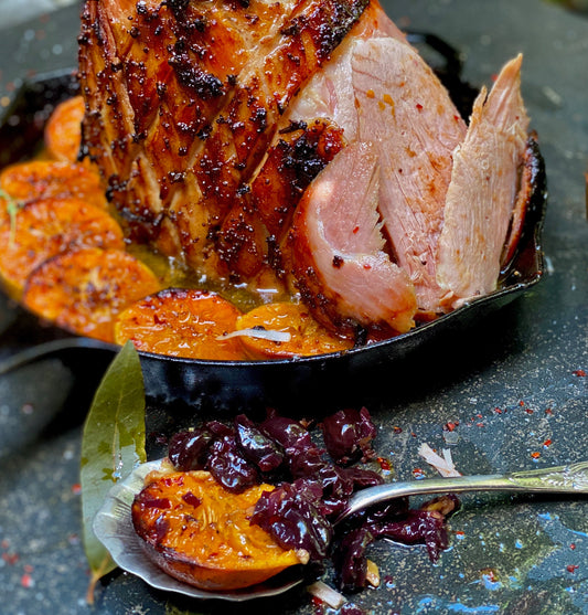 MOREISH CHRISTMAS HAM with MAPLE MUSTARD GLAZE and CHERRY AND WALNUT COMPOTE
