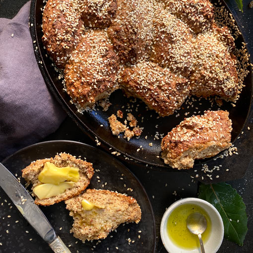 Miso and sunflower seed low carb pull apart bread in Old Dutch lid
